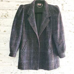 Vintage New York Girl Womens Plaid Gray Wool Coat Mohair 1980s Button Front SZ 7